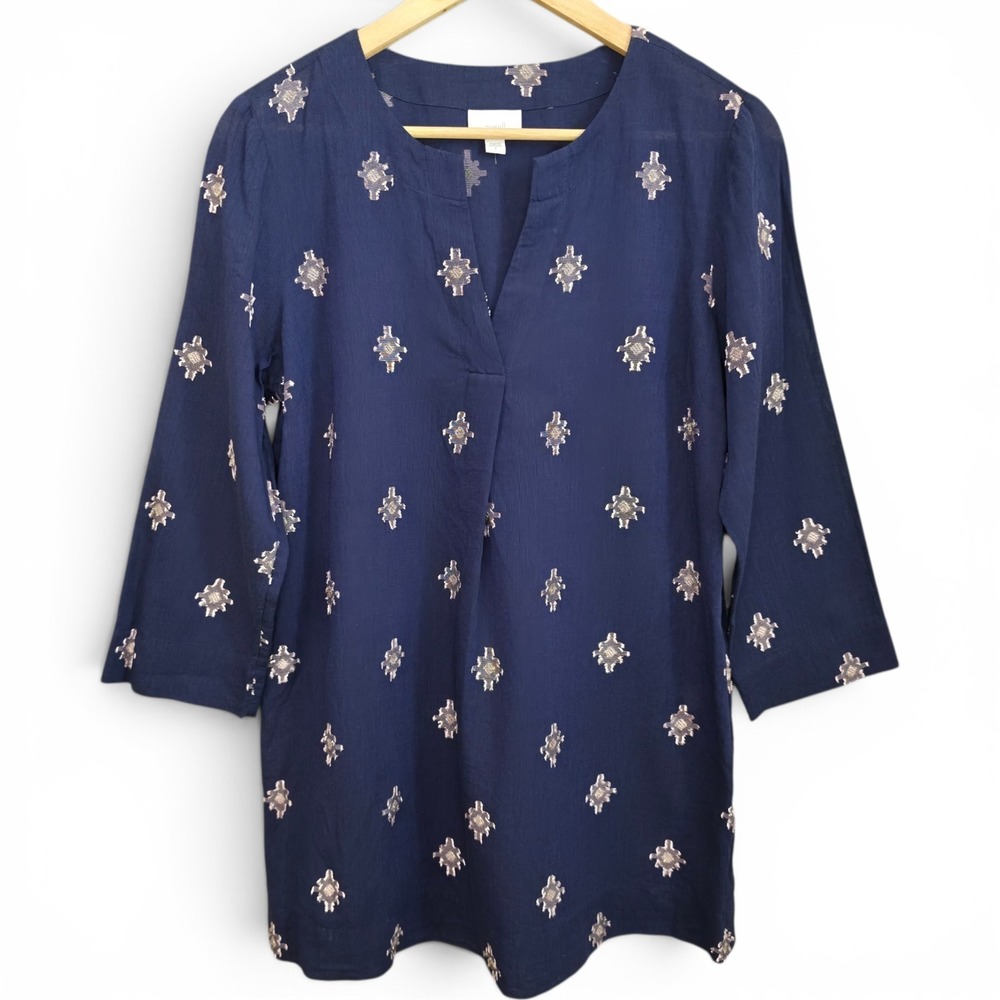 J Jill Pure Jill Top Womens Small Navy Blue Oversized Tunic Semi Sheer V Neck